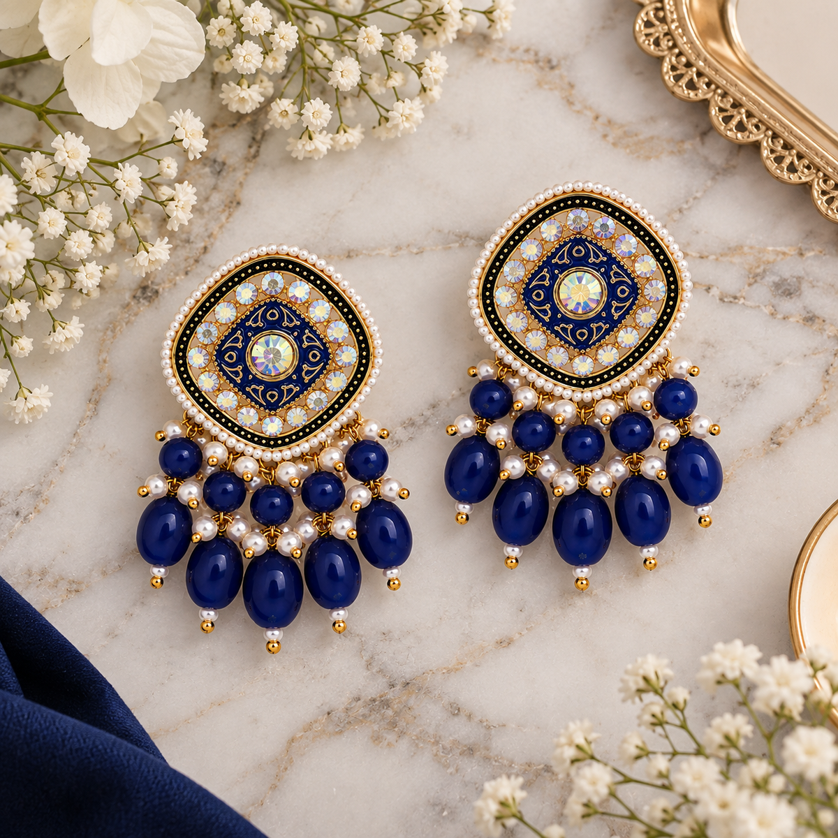Aarvika Traditional Statement Earrings, Royal Blue