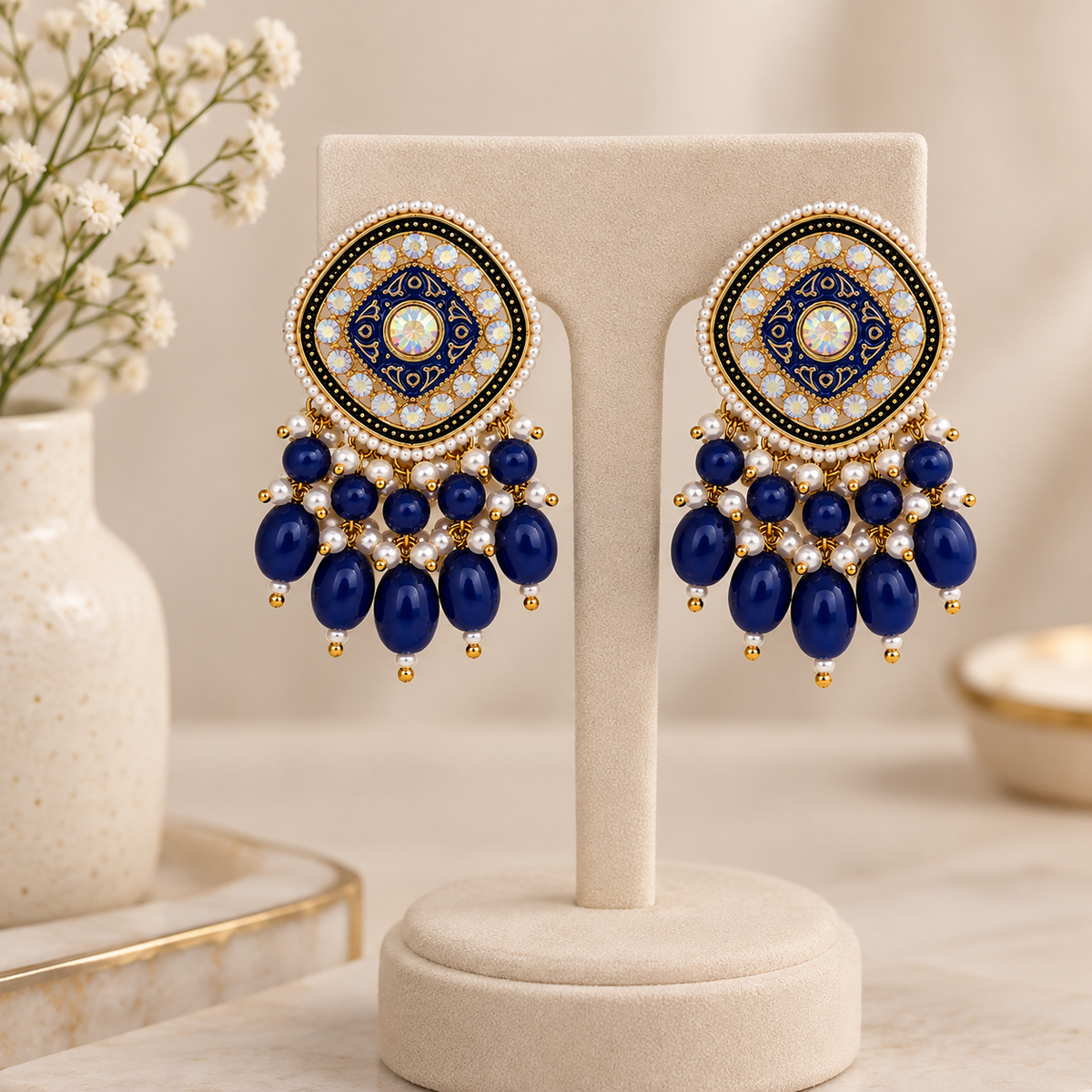 Aarvika Traditional Statement Earrings, Royal Blue