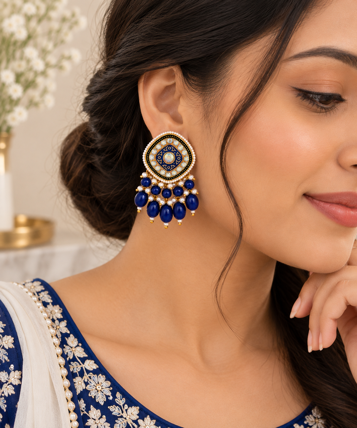 Aarvika Traditional Statement Earrings, Royal Blue