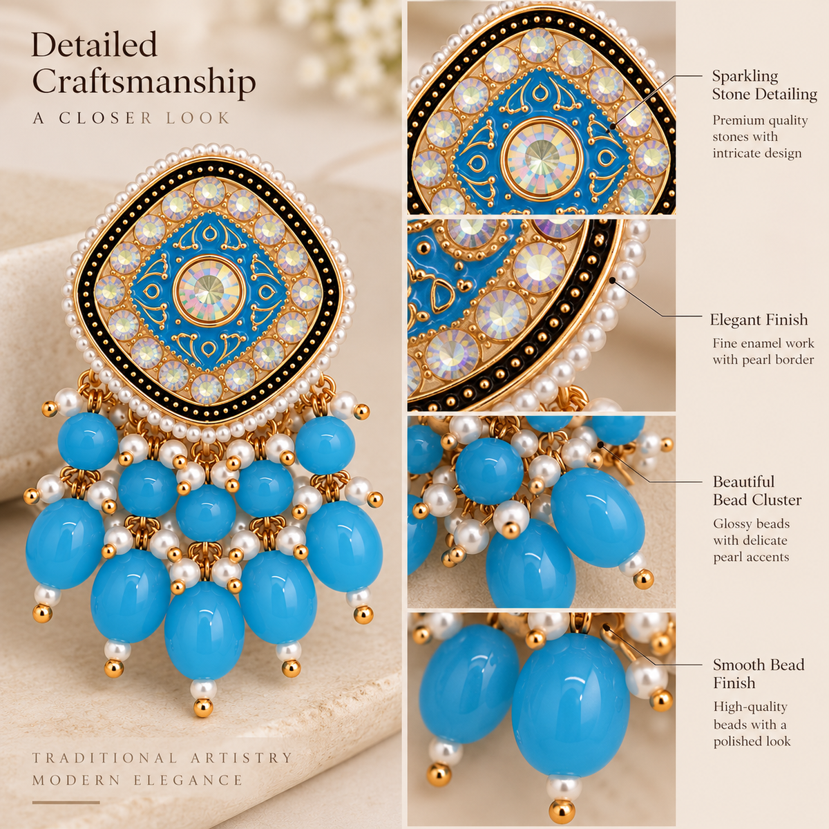 Aarvika Traditional Statement Earrings, Sky Blue