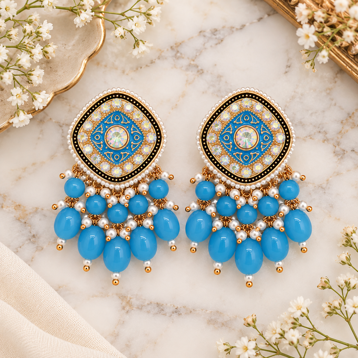 Aarvika Traditional Statement Earrings, Sky Blue