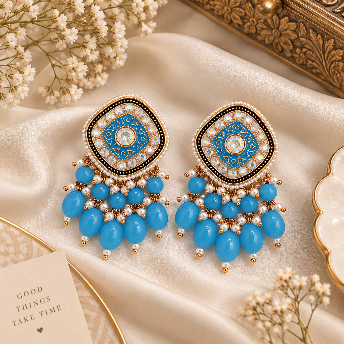 Aarvika Traditional Statement Earrings, Sky Blue