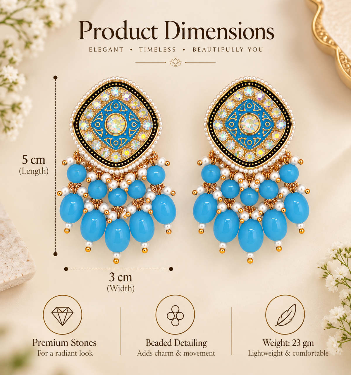 Aarvika Traditional Statement Earrings, Sky Blue