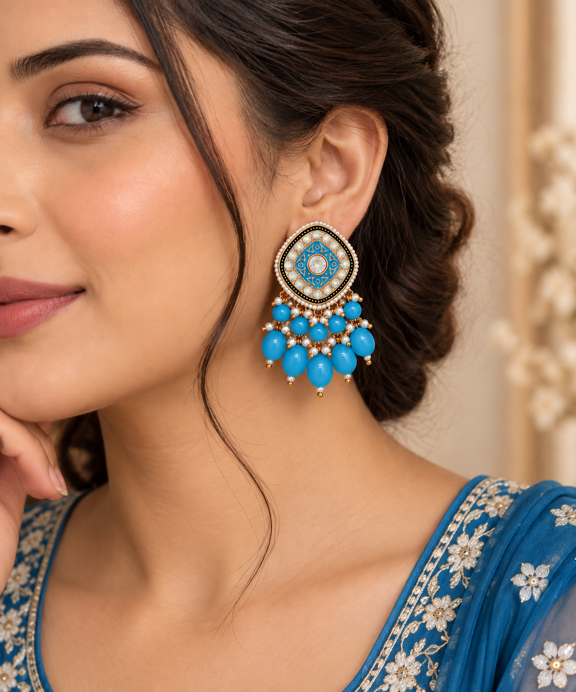 Aarvika Traditional Statement Earrings, Sky Blue