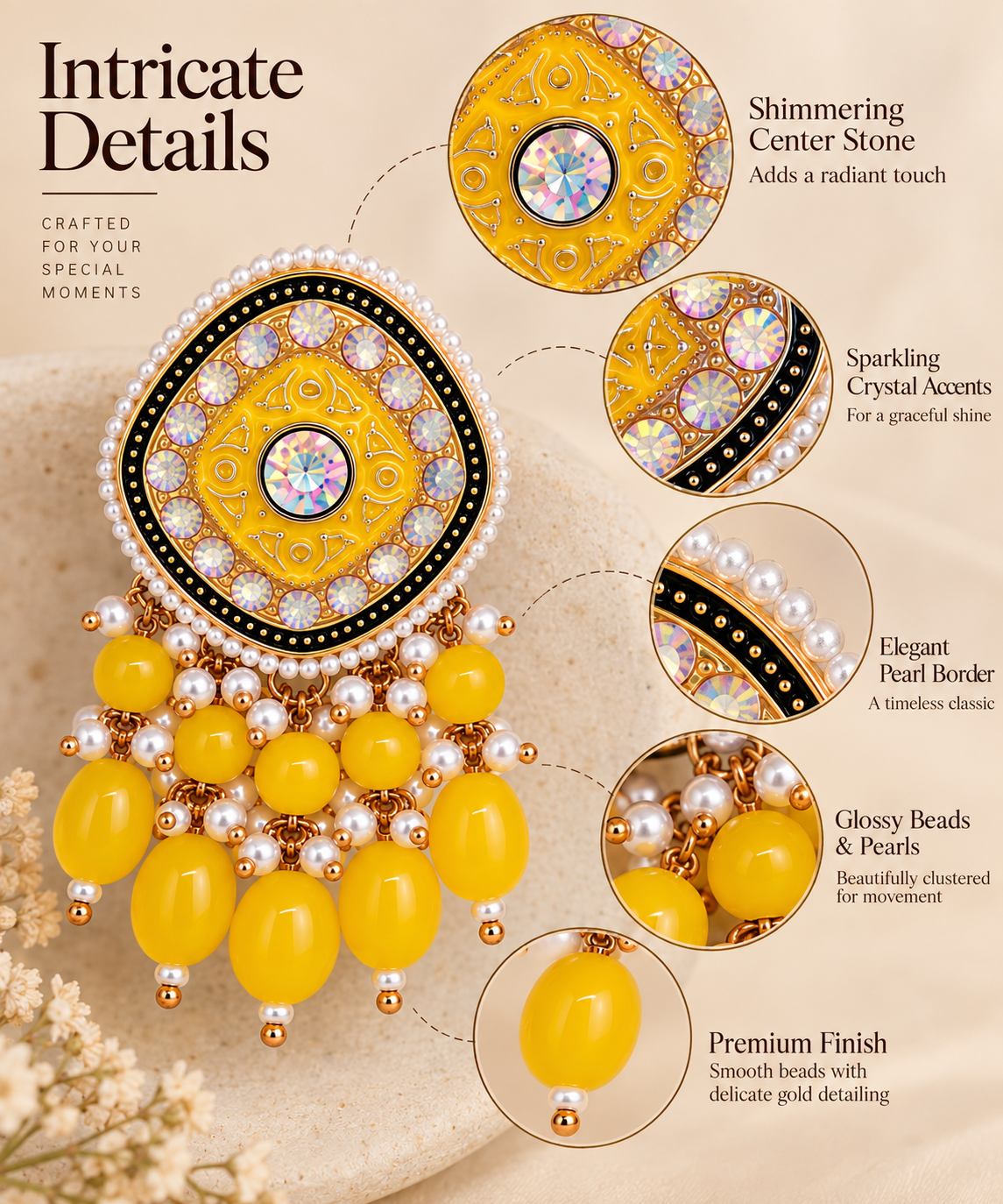 Aarvika Traditional Statement Earrings, Yellow