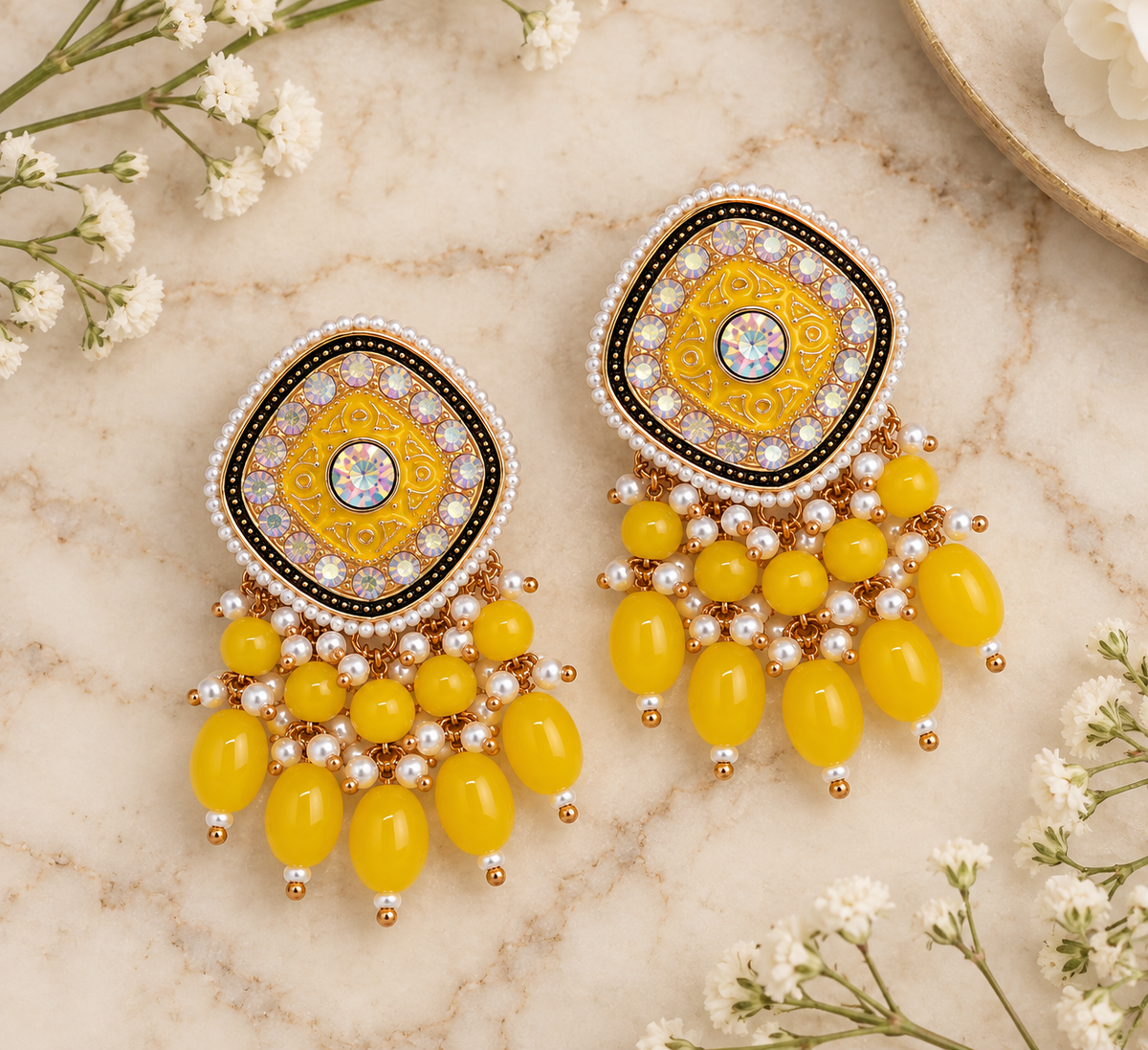 Aarvika Traditional Statement Earrings, Yellow