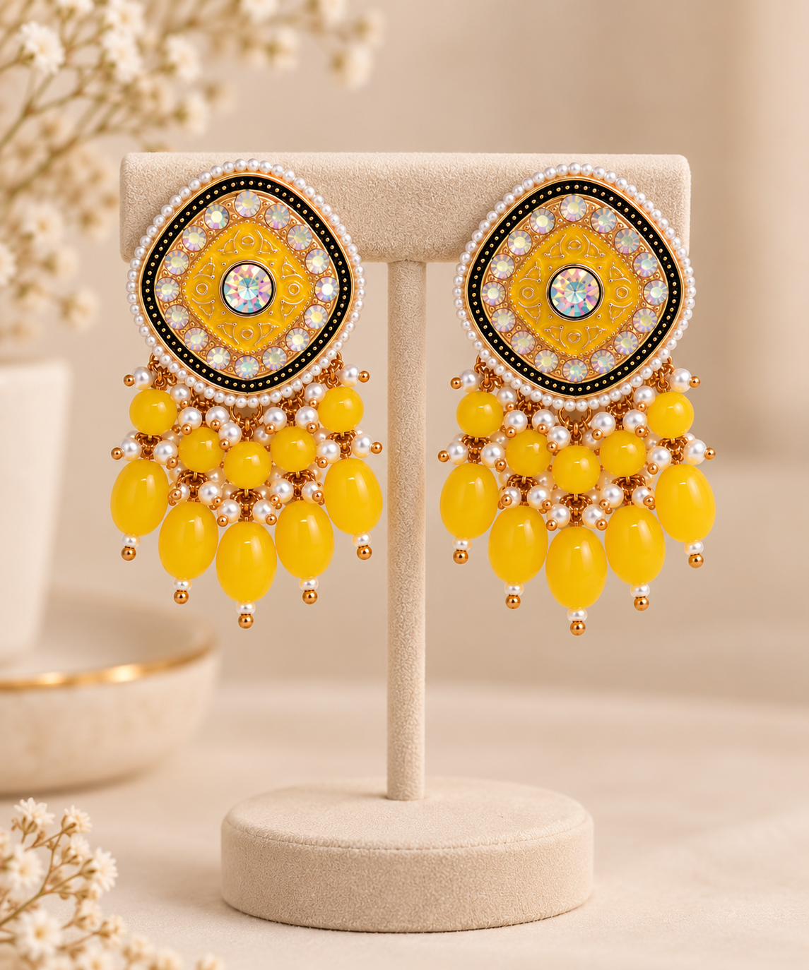 Aarvika Traditional Statement Earrings, Yellow