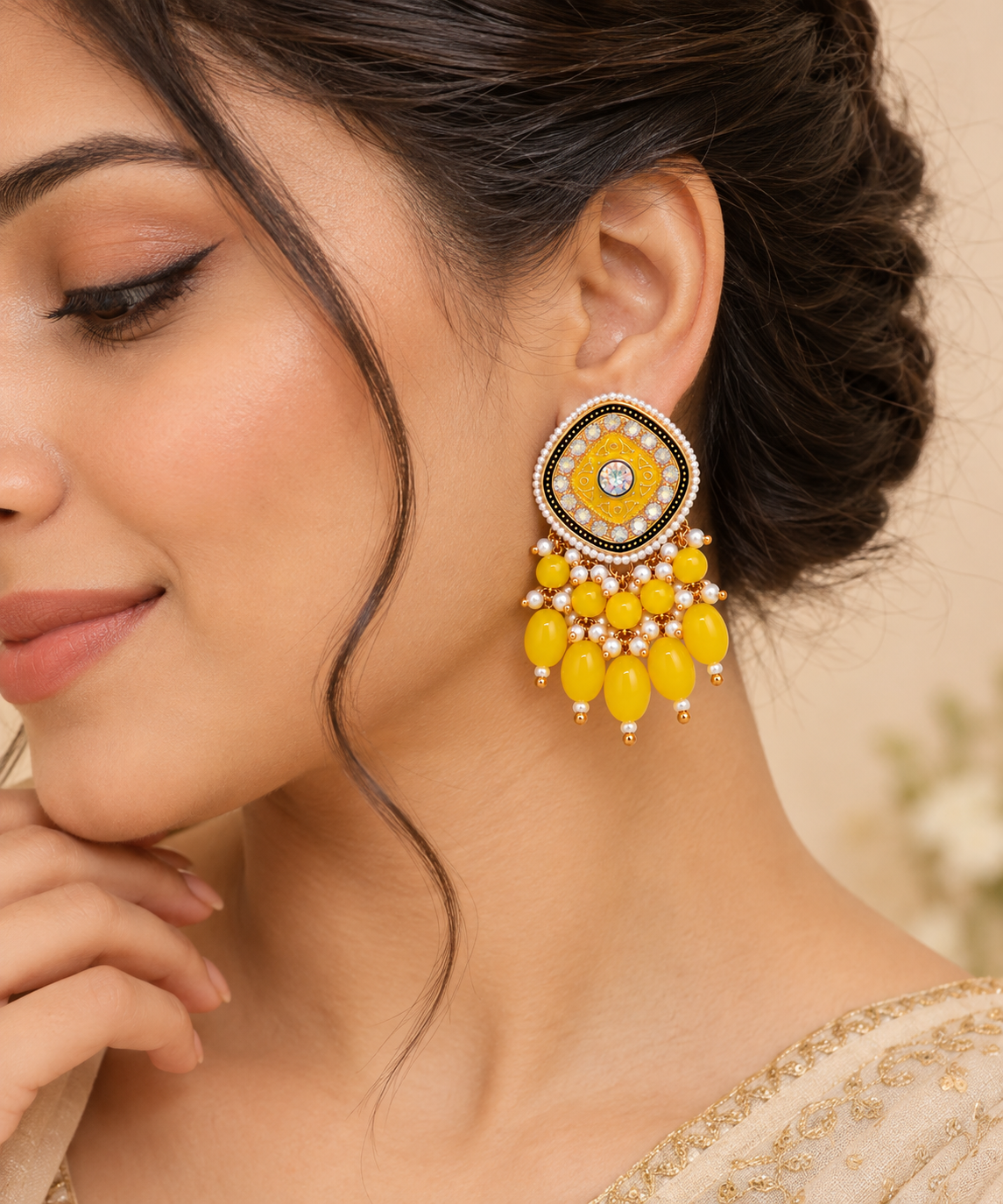Aarvika Traditional Statement Earrings, Yellow