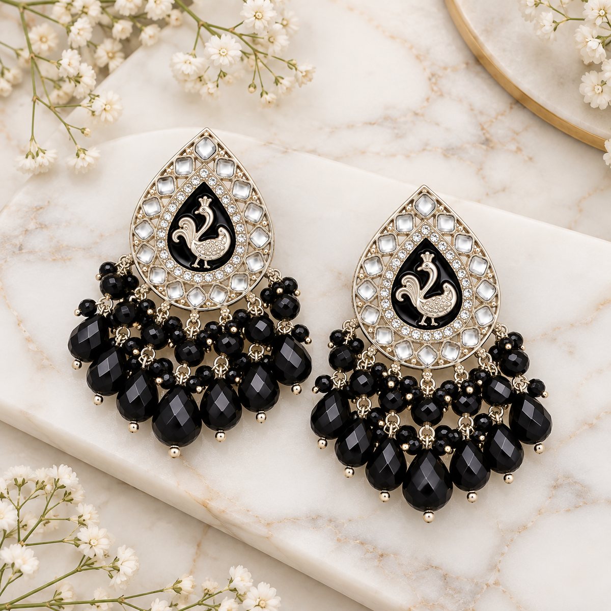 Aarvika Teardrop Peacock Design Earring (Black)
