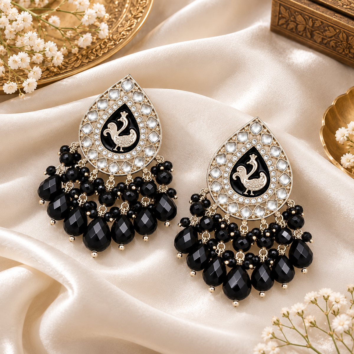 Aarvika Teardrop Peacock Design Earring (Black)