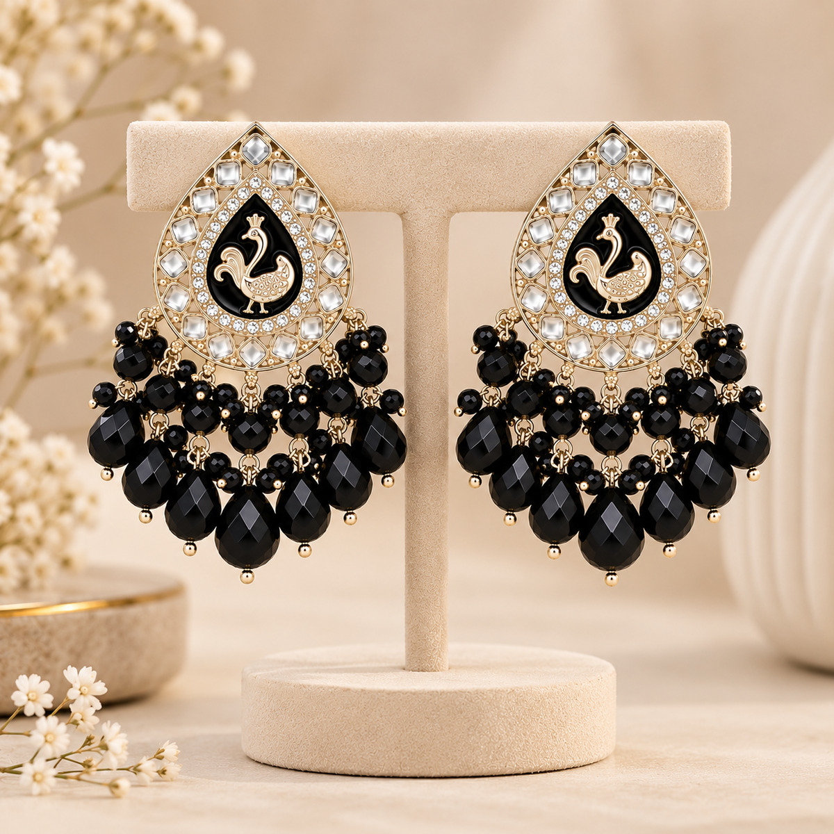 Aarvika Teardrop Peacock Design Earring (Black)