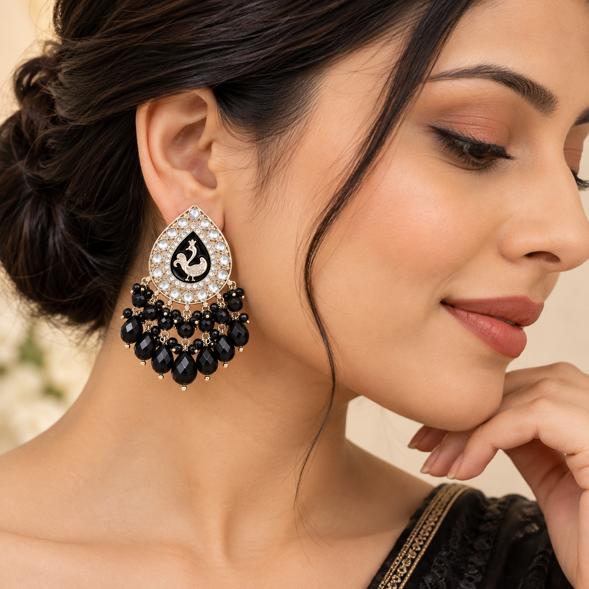 Aarvika Teardrop Peacock Design Earring (Black)
