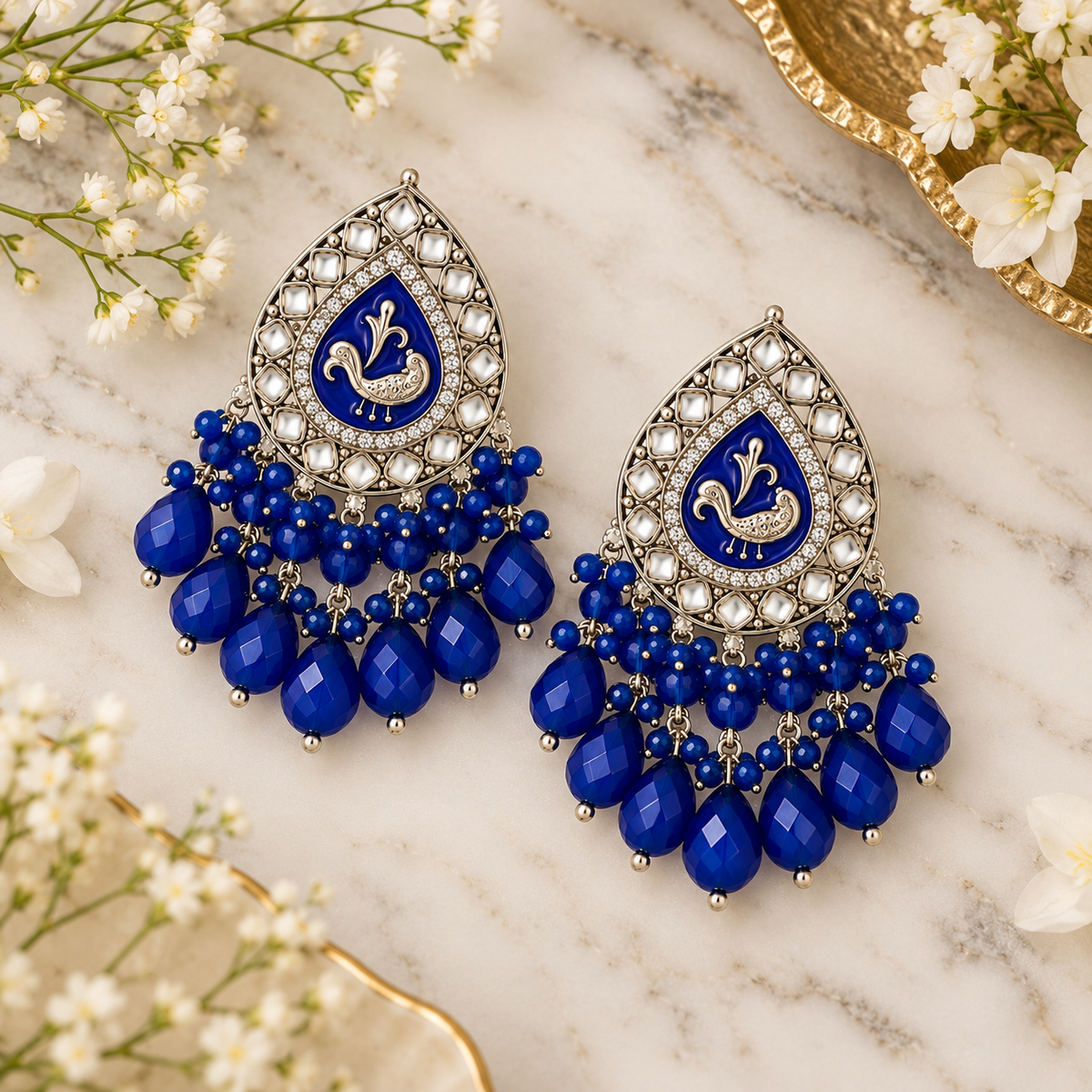Aarvika Teardrop Peacock Design Earring (Blue)