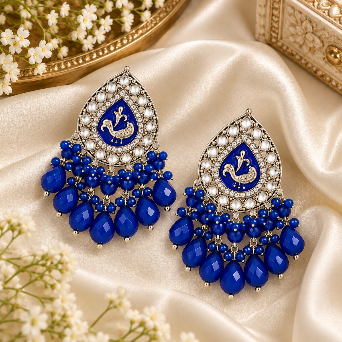Aarvika Teardrop Peacock Design Earring (Blue)