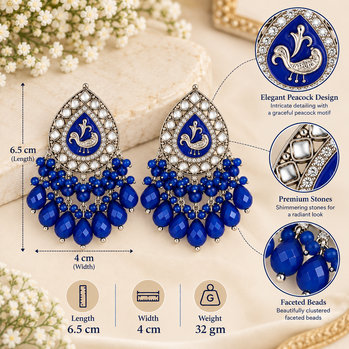 Aarvika Teardrop Peacock Design Earring (Blue)