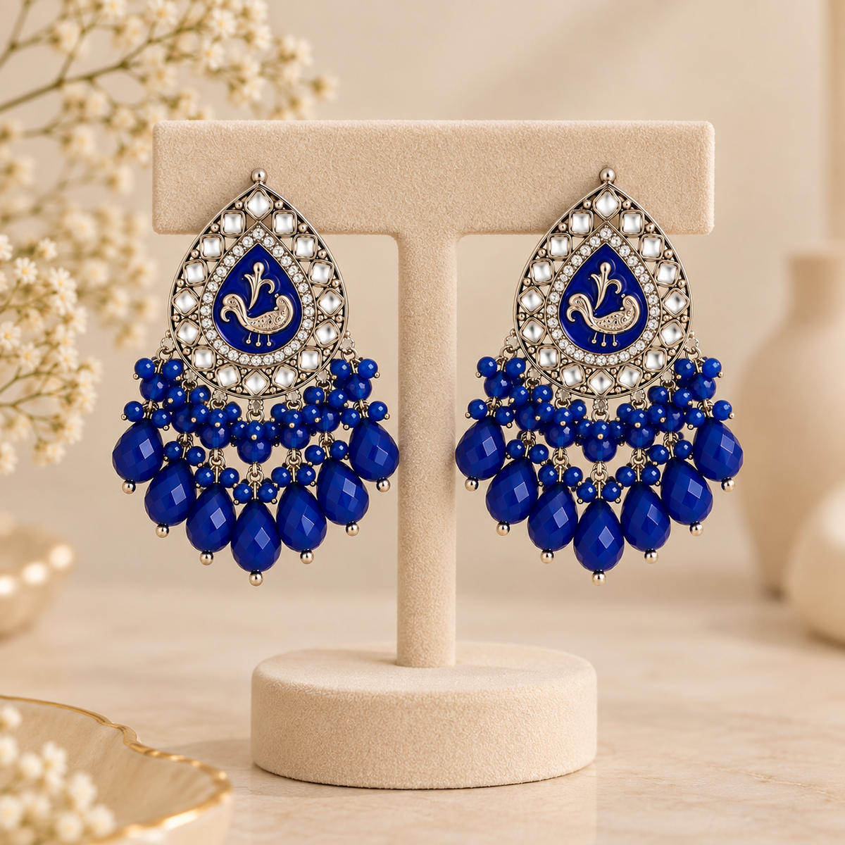 Aarvika Teardrop Peacock Design Earring (Blue)