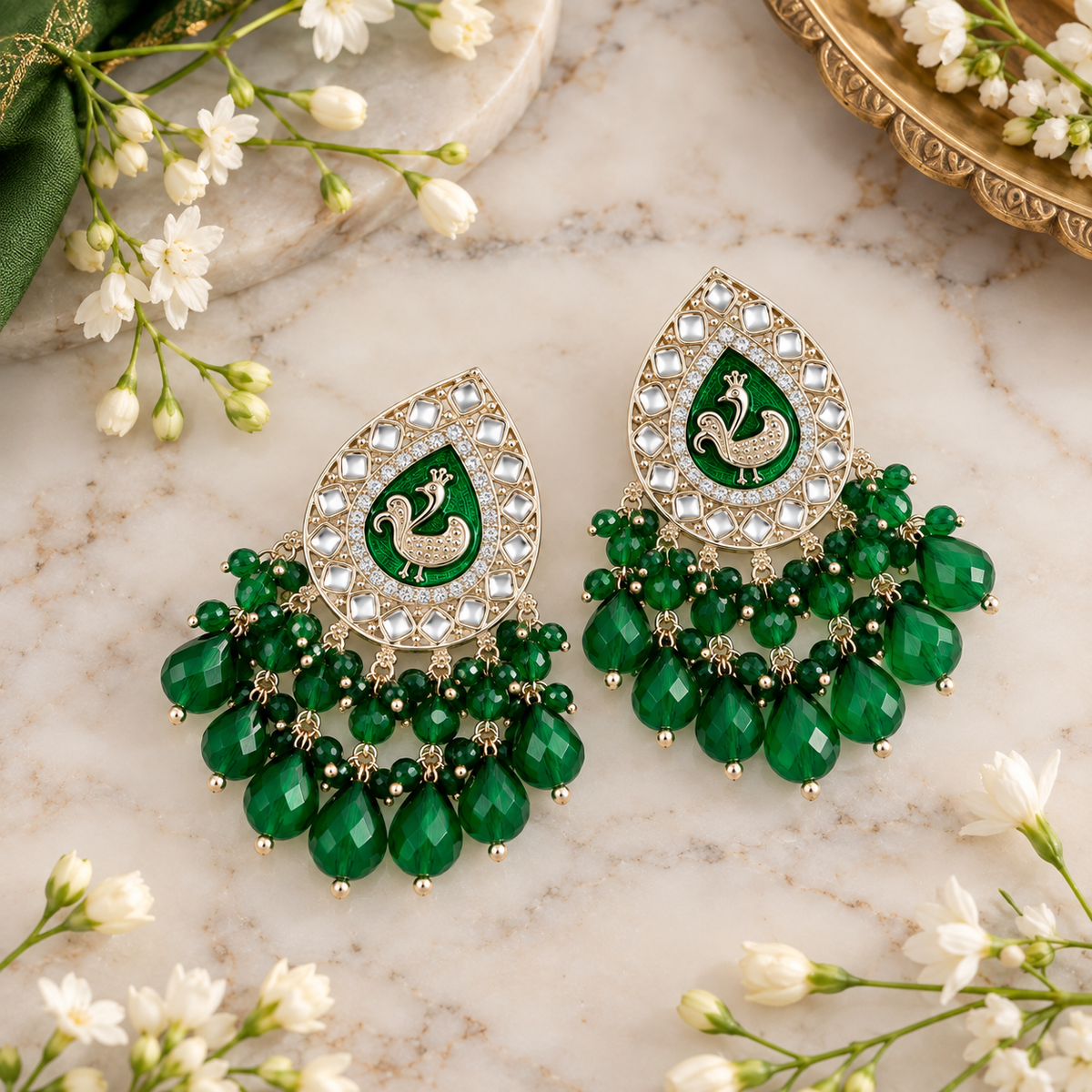 Aarvika Teardrop Peacock Design Earring (Green)