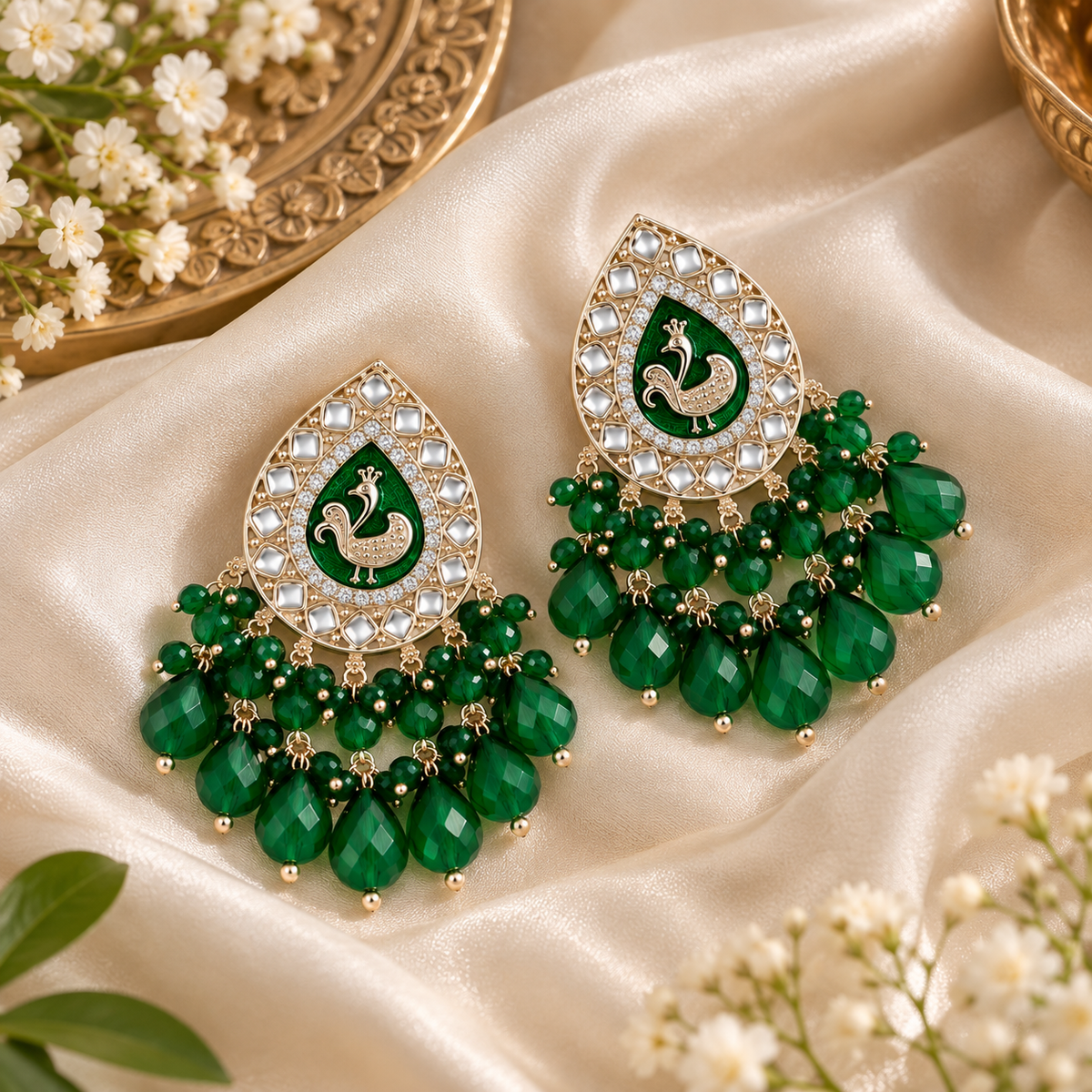 Aarvika Teardrop Peacock Design Earring (Green)