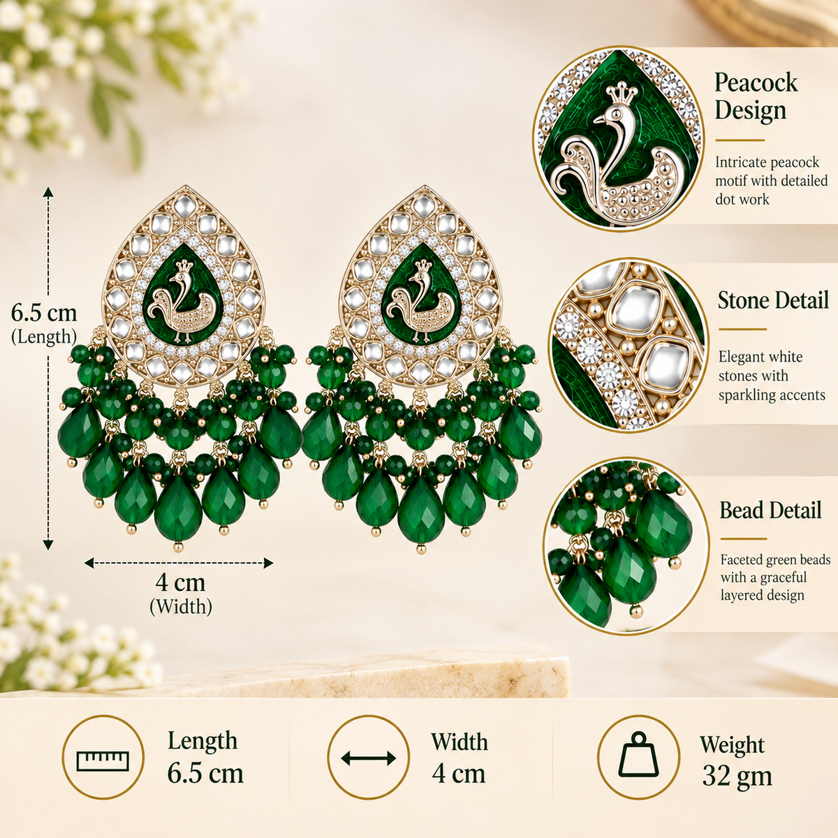 Aarvika Teardrop Peacock Design Earring (Green)