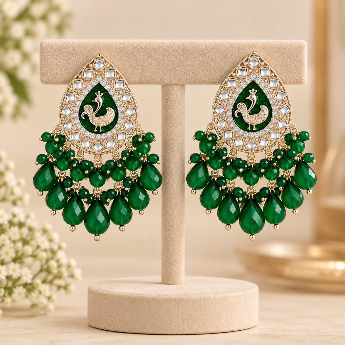 Aarvika Teardrop Peacock Design Earring (Green)
