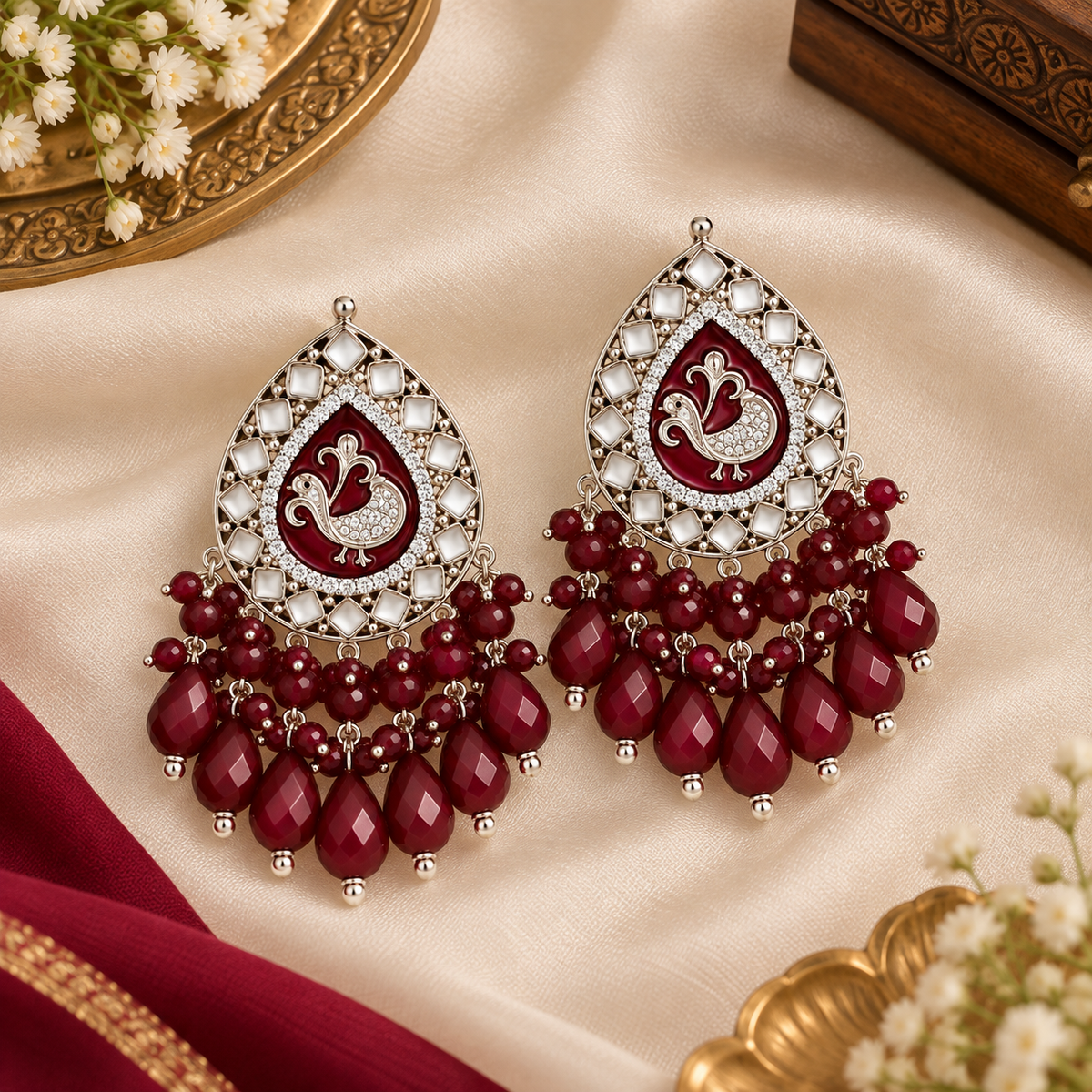 Aarvika Teardrop Peacock Design Earring (Maroon)