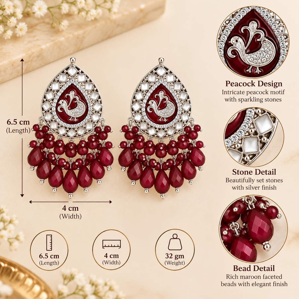 Aarvika Teardrop Peacock Design Earring (Maroon)