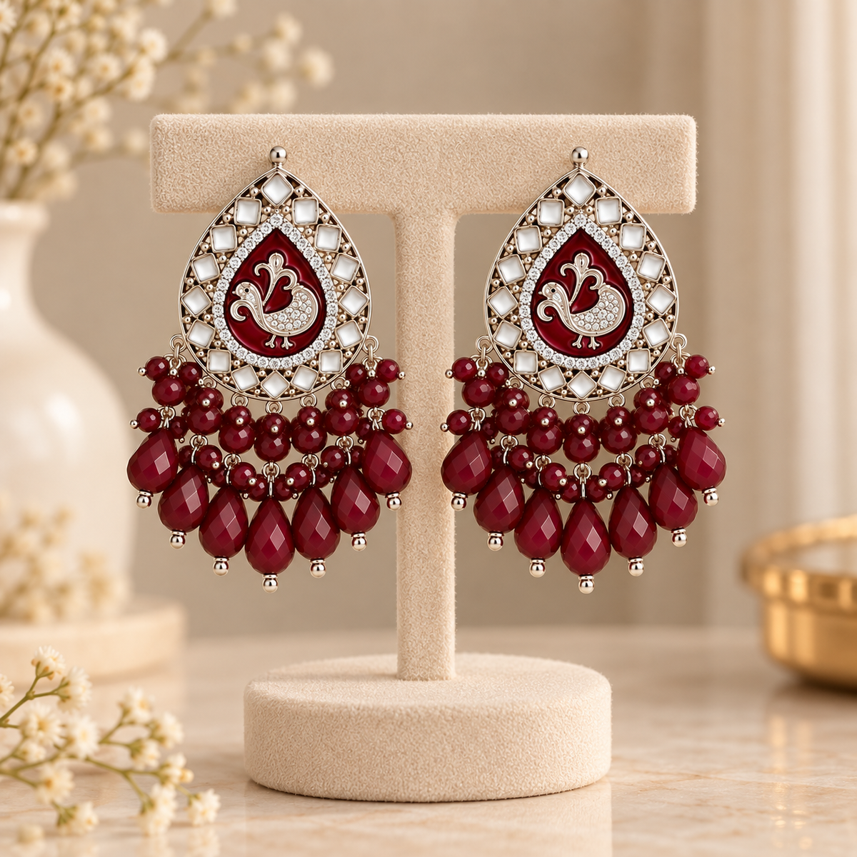 Aarvika Teardrop Peacock Design Earring (Maroon)