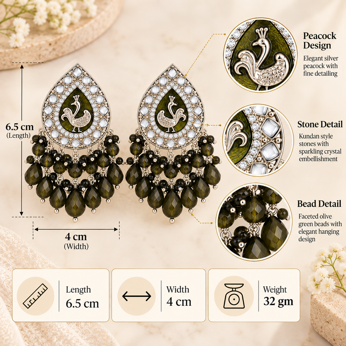Aarvika Teardrop Peacock Design Earring (Olive Green)