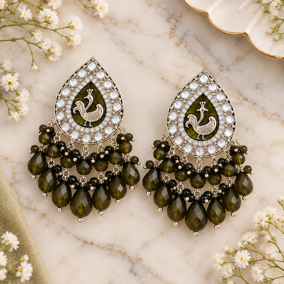 Aarvika Teardrop Peacock Design Earring (Olive Green)