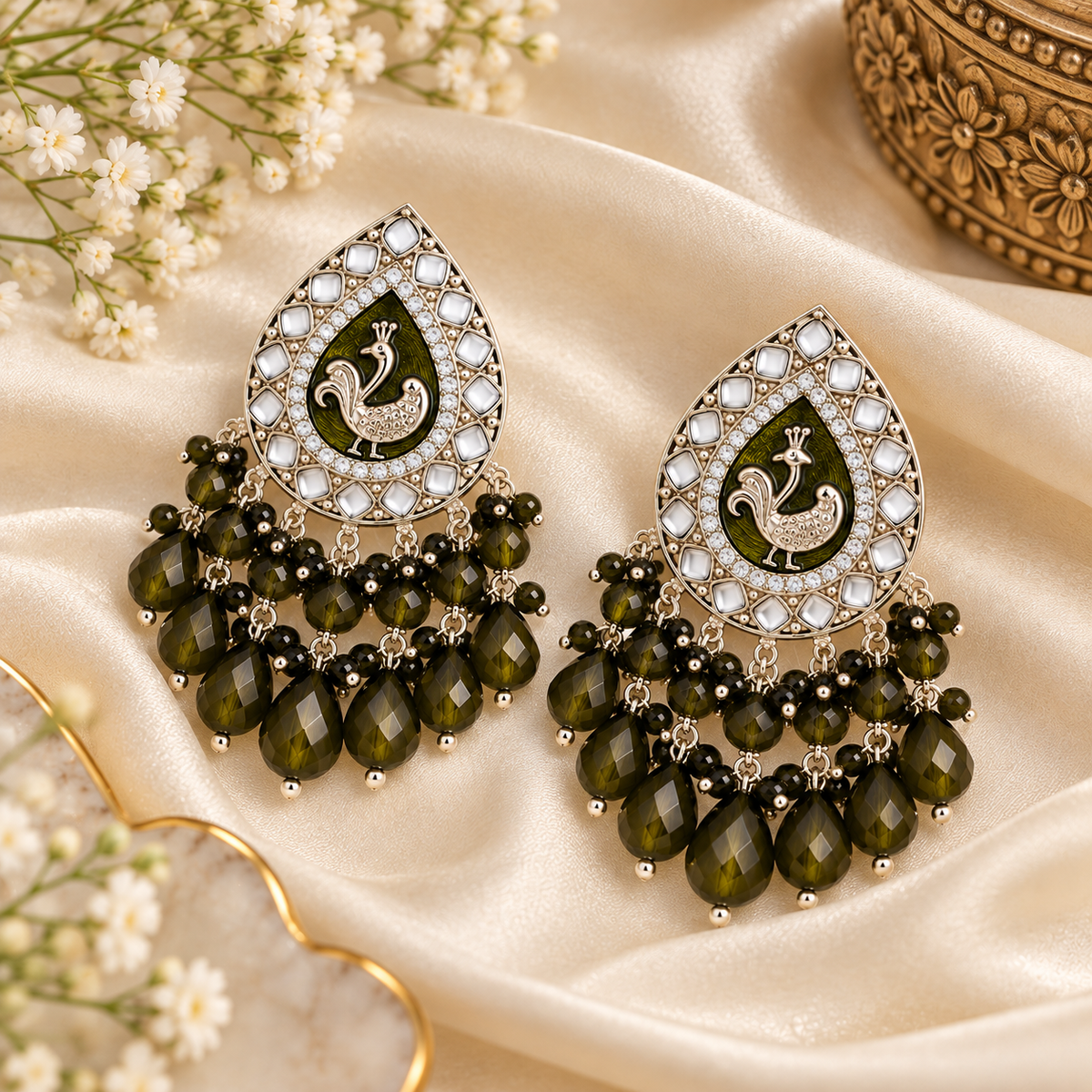 Aarvika Teardrop Peacock Design Earring (Olive Green)