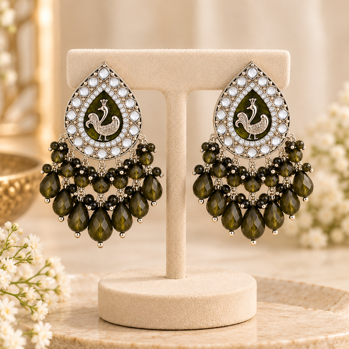 Aarvika Teardrop Peacock Design Earring (Olive Green)