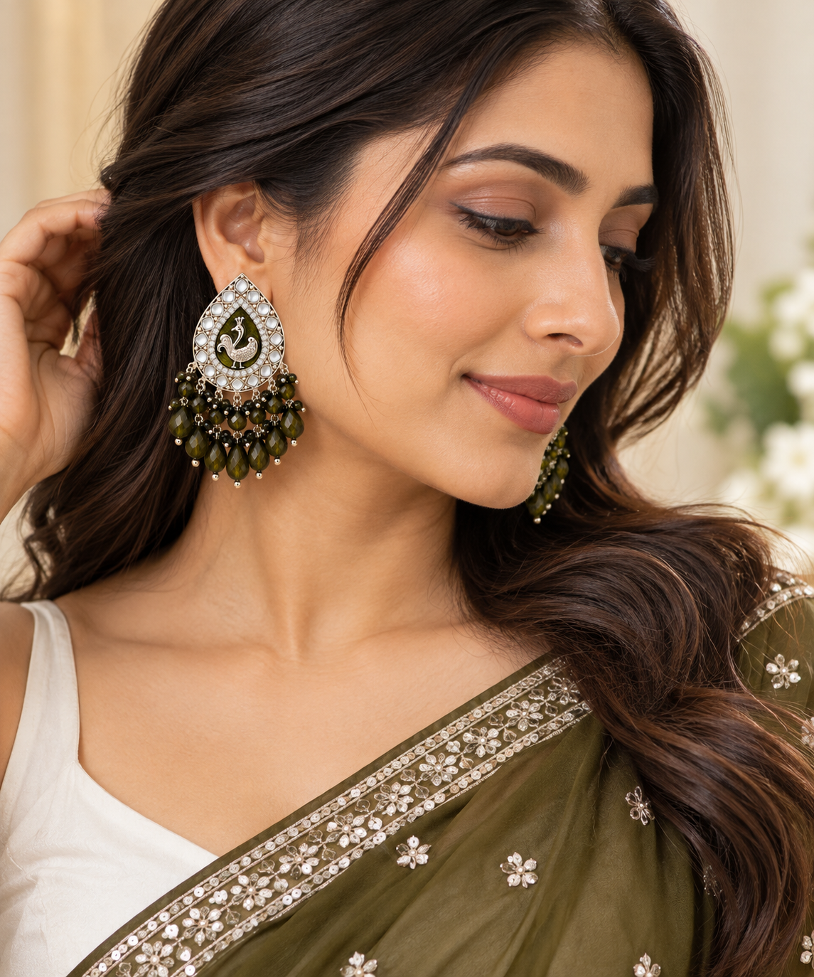 Aarvika Teardrop Peacock Design Earring (Olive Green)