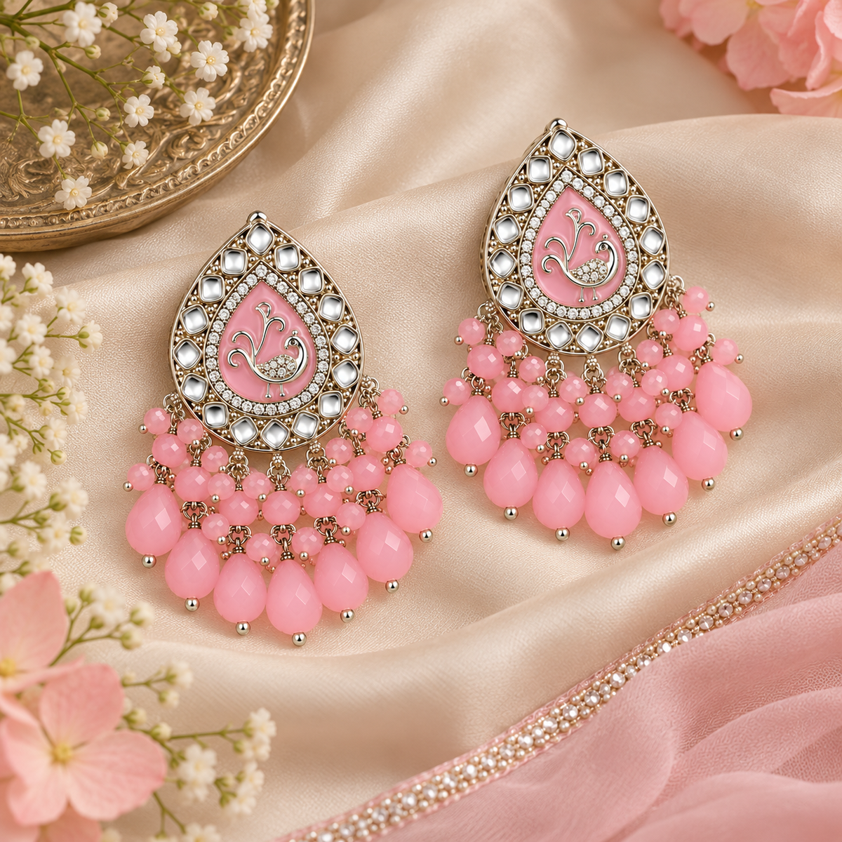 Aarvika Teardrop Peacock Design Earring (Pink)