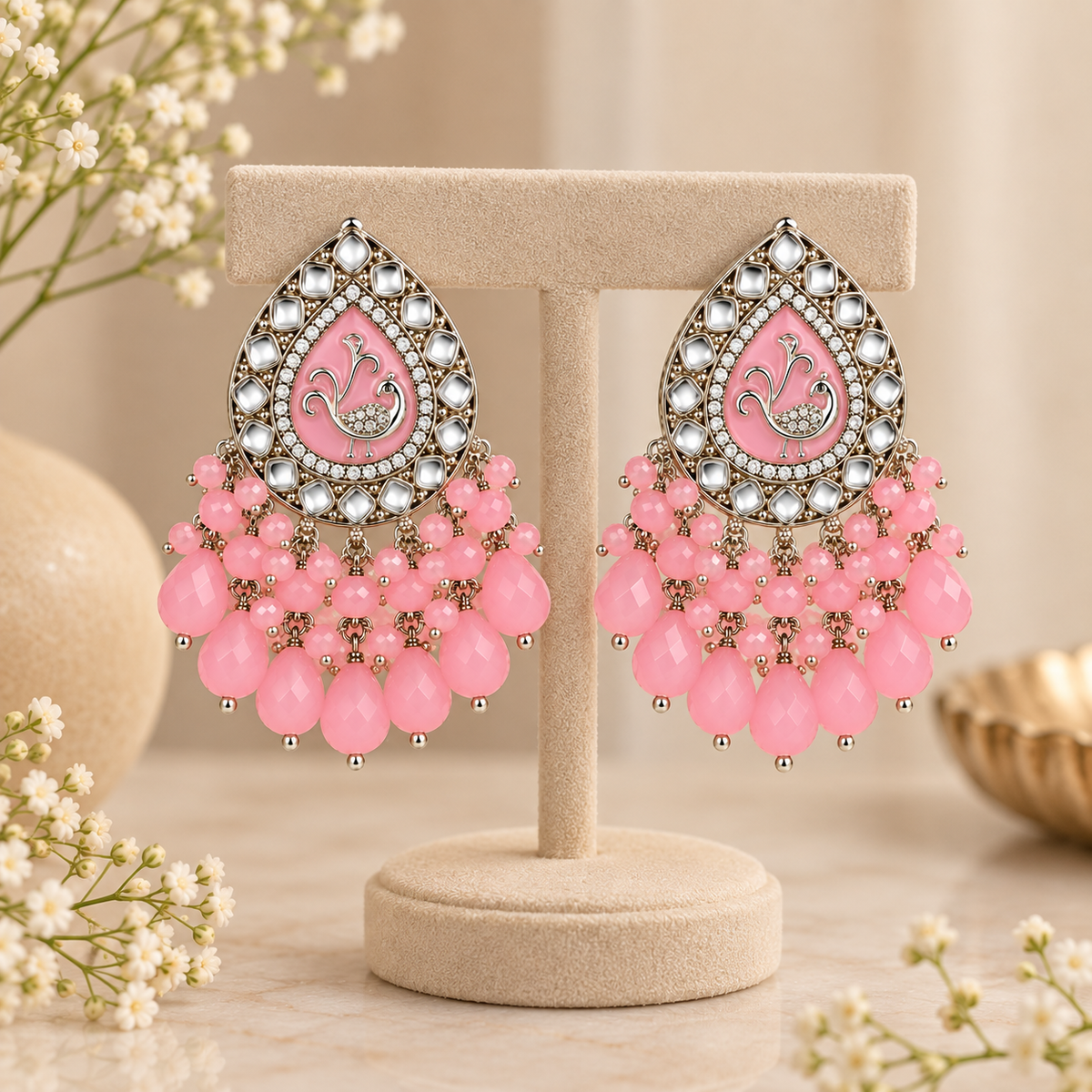 Aarvika Teardrop Peacock Design Earring (Pink)
