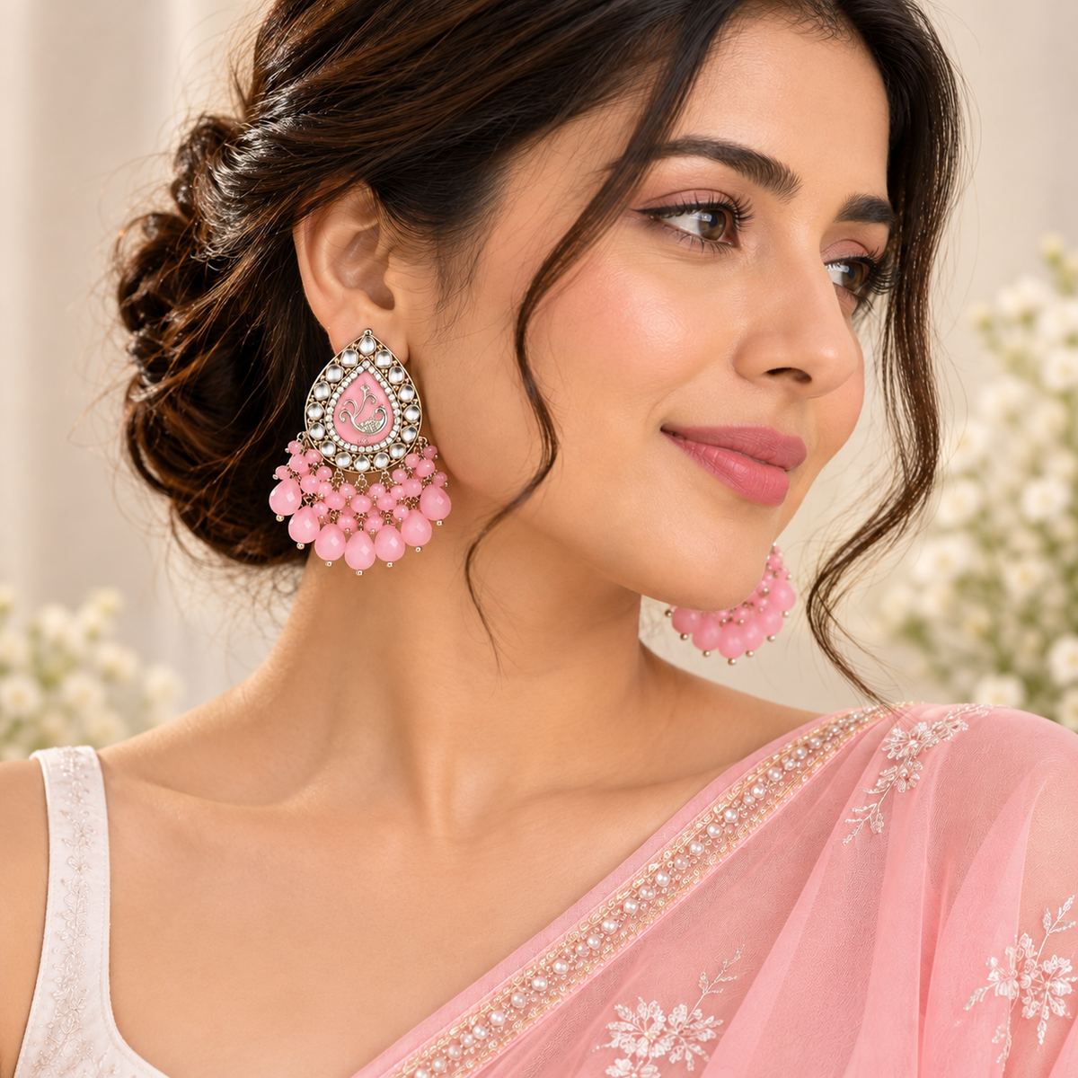 Aarvika Teardrop Peacock Design Earring (Pink)