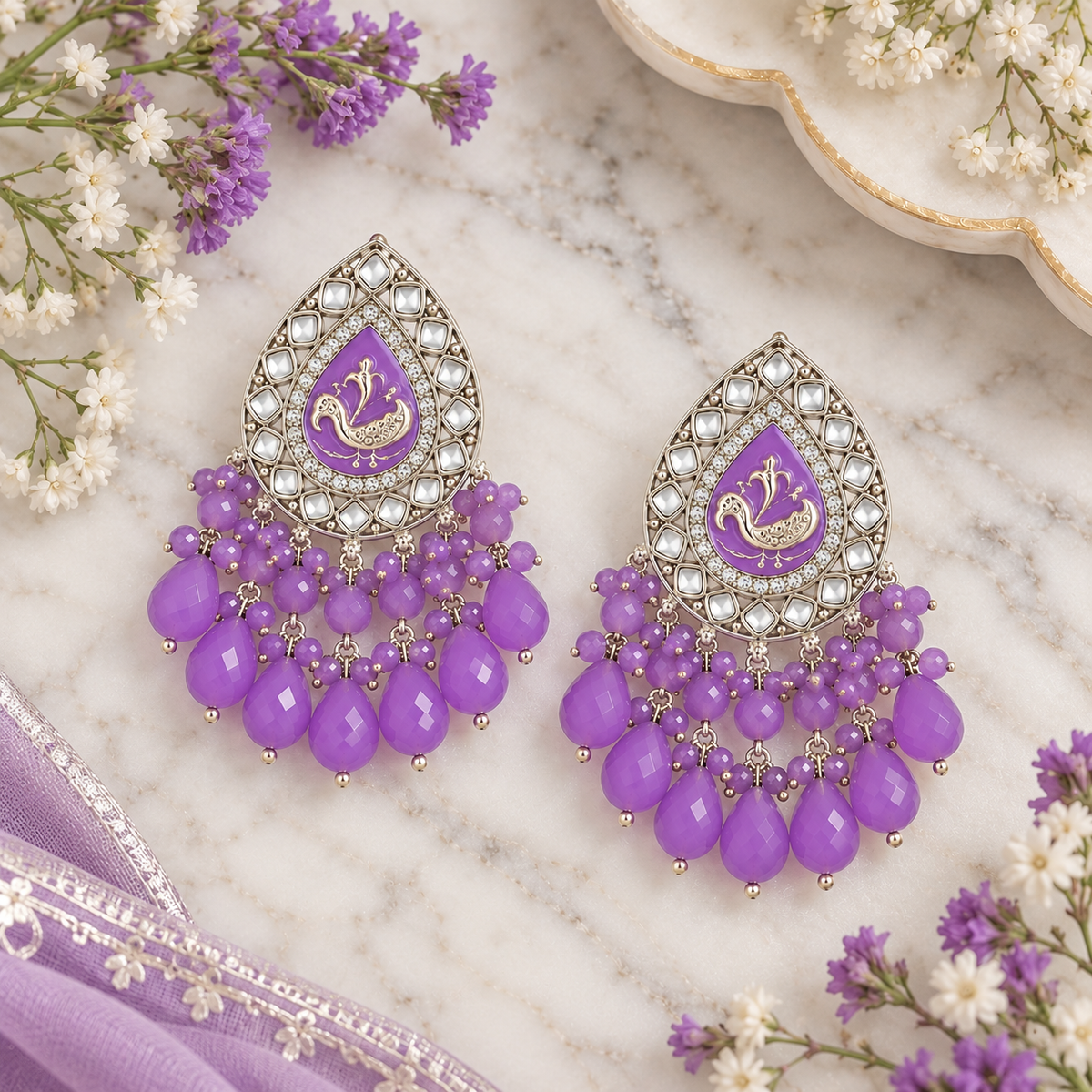 Aarvika Teardrop Peacock Design Earring (Purple)