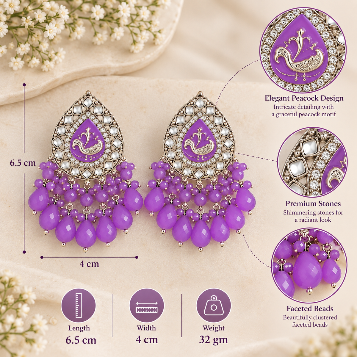 Aarvika Teardrop Peacock Design Earring (Purple)