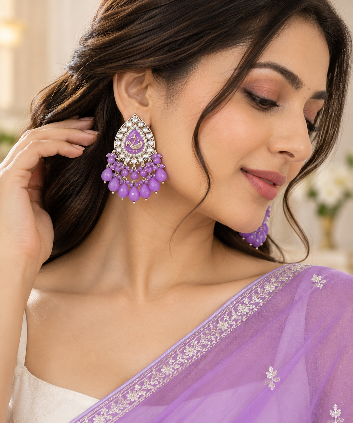 Aarvika Teardrop Peacock Design Earring (Purple)