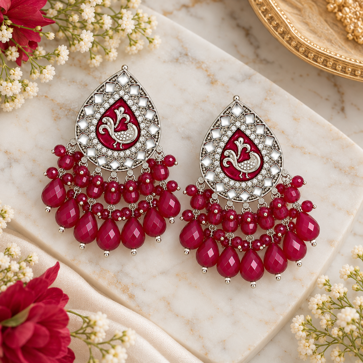 Aarvika Teardrop Peacock Design Earring (Ruby)