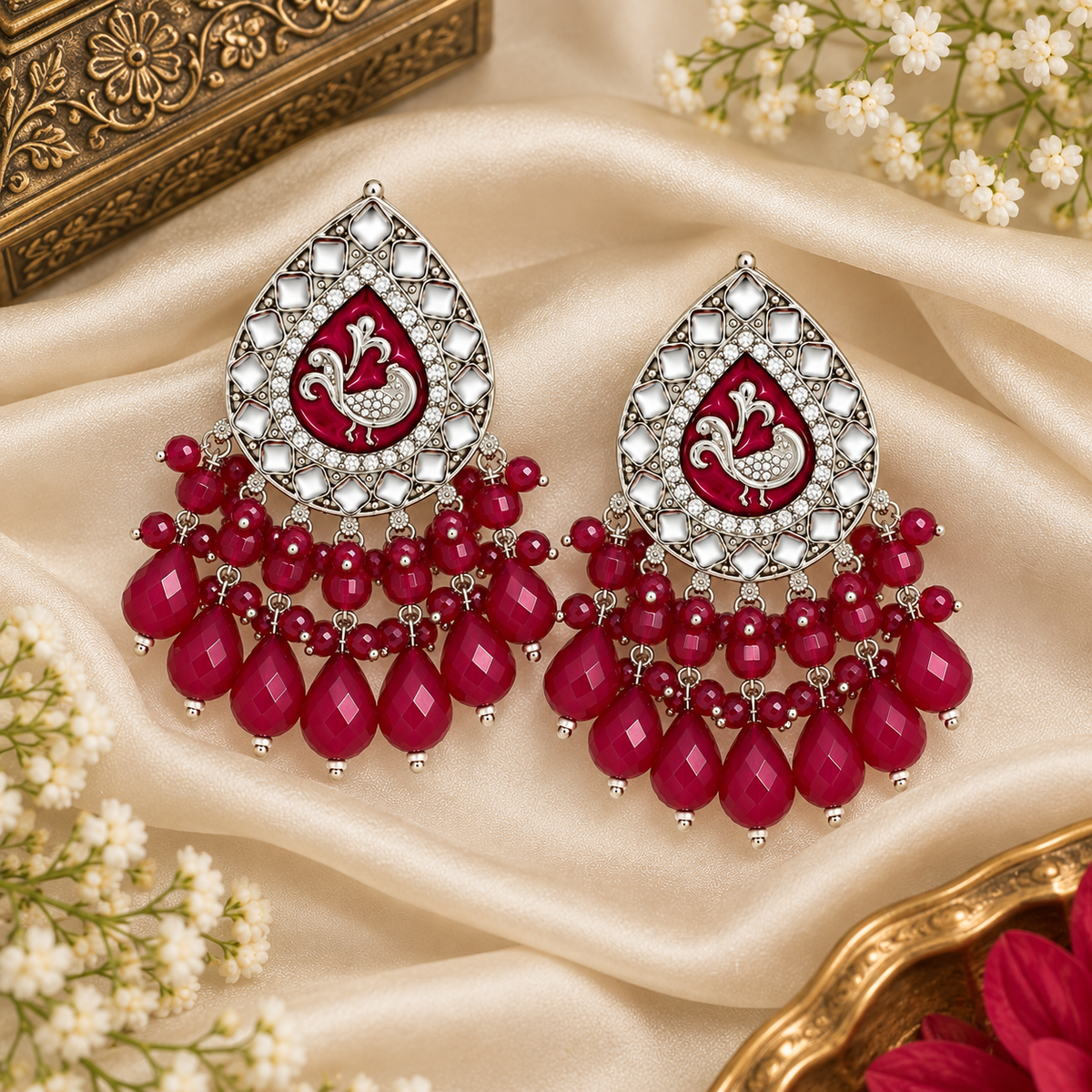 Aarvika Teardrop Peacock Design Earring (Ruby)