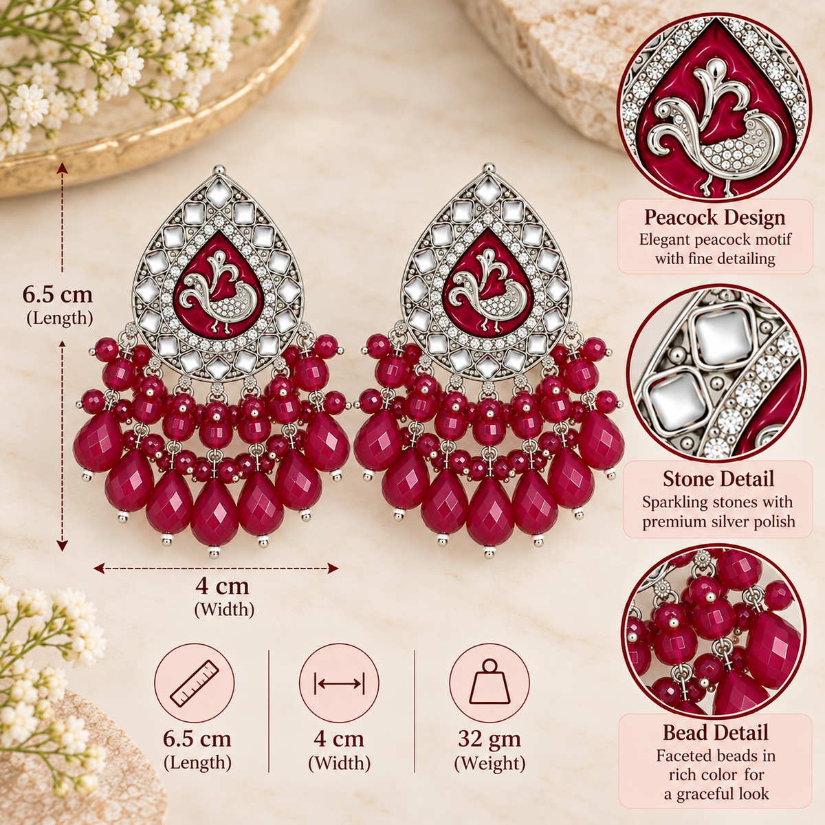Aarvika Teardrop Peacock Design Earring (Ruby)