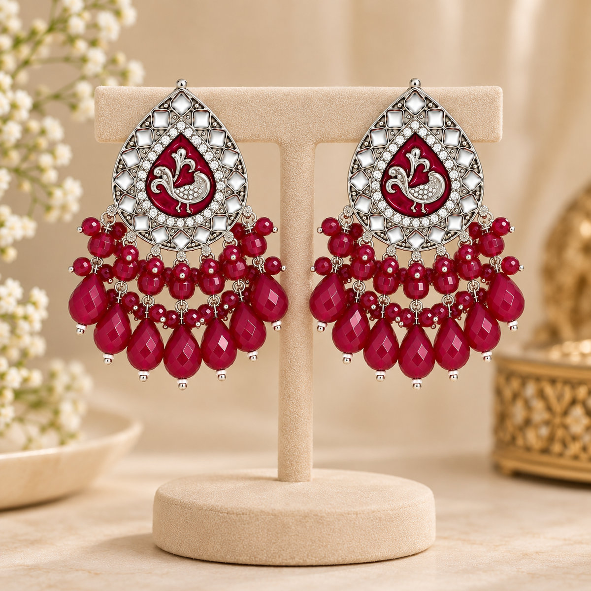 Aarvika Teardrop Peacock Design Earring (Ruby)
