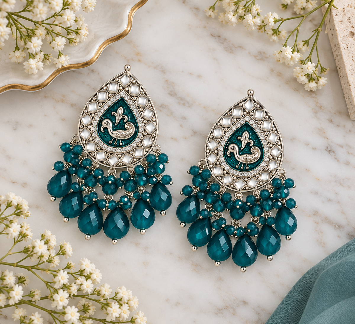 Aarvika Teardrop Peacock Design Earring (Teal)