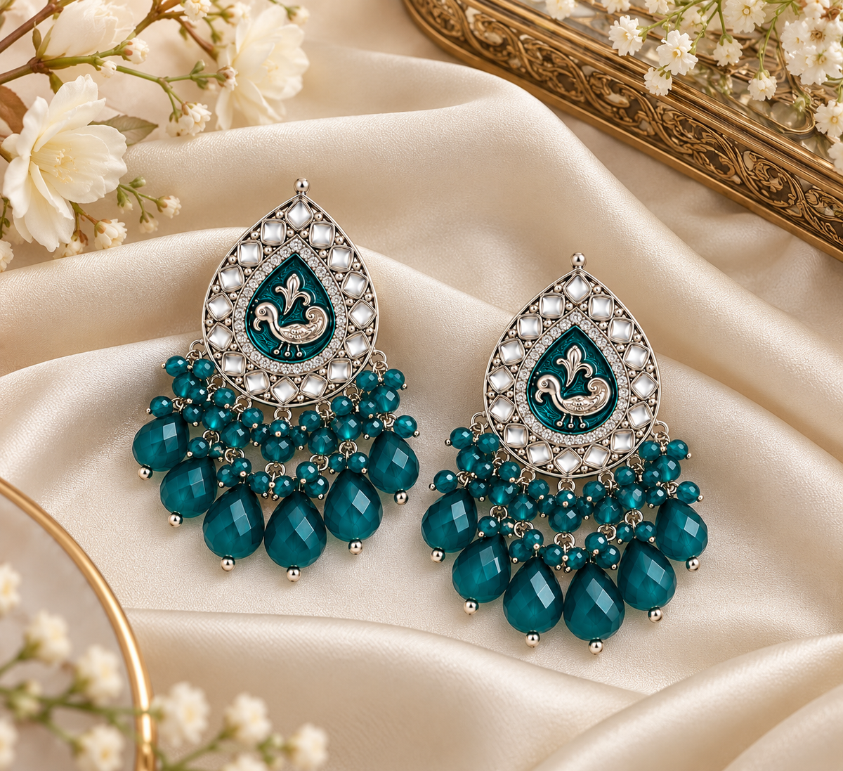 Aarvika Teardrop Peacock Design Earring (Teal)