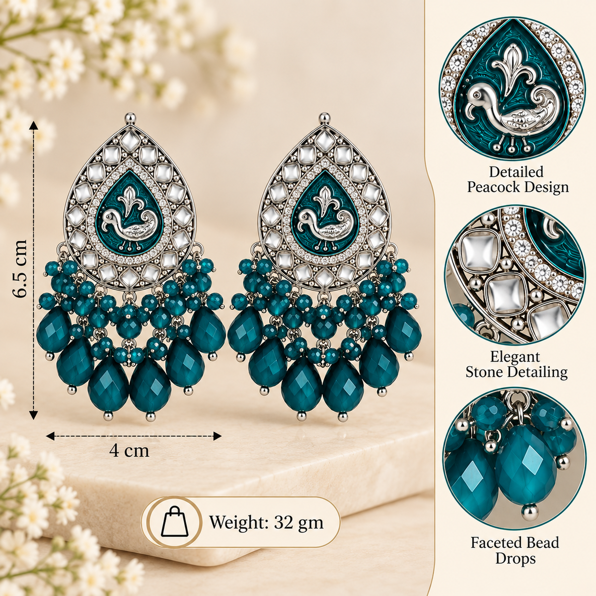 Aarvika Teardrop Peacock Design Earring (Teal)
