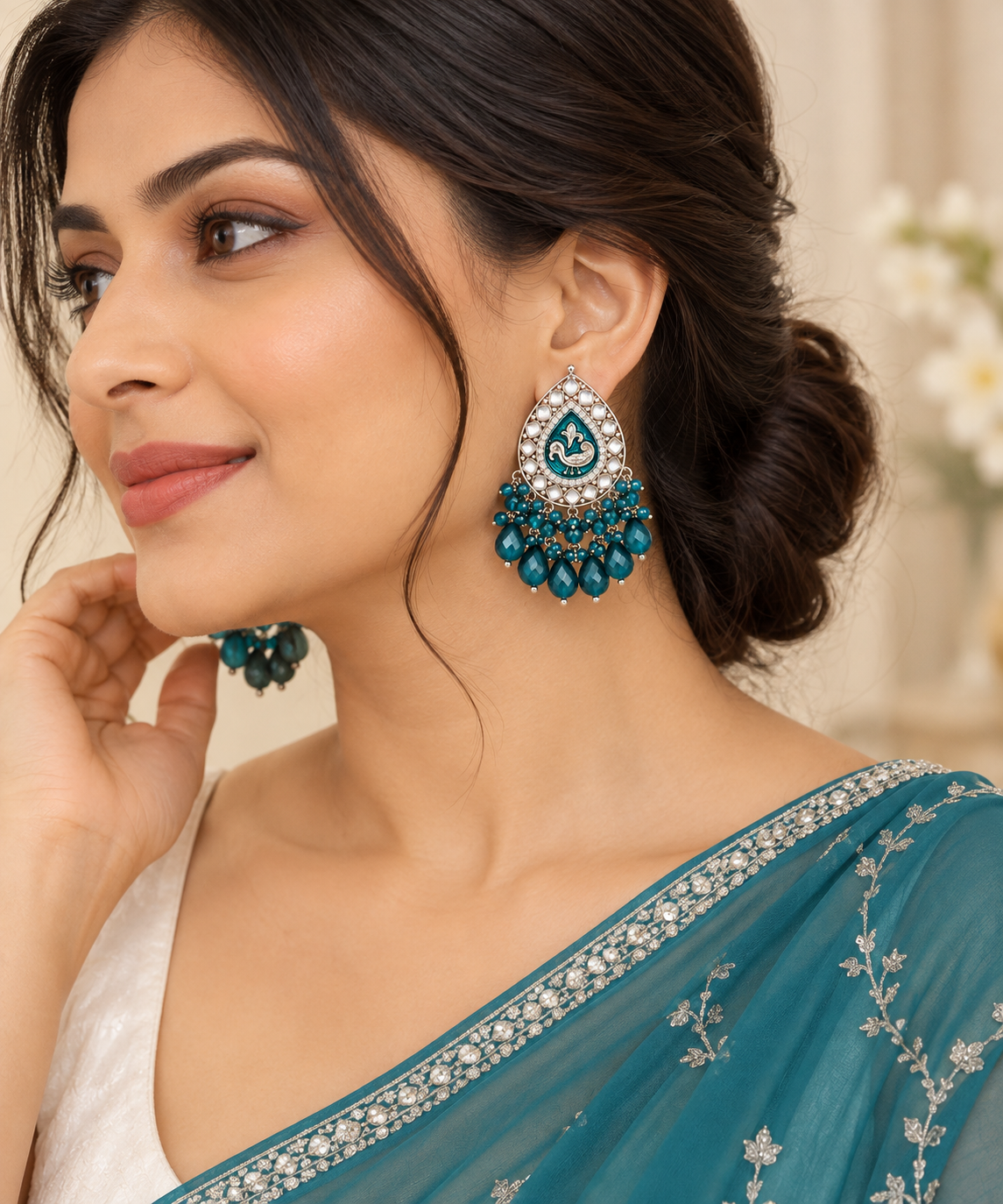 Aarvika Teardrop Peacock Design Earring (Teal)