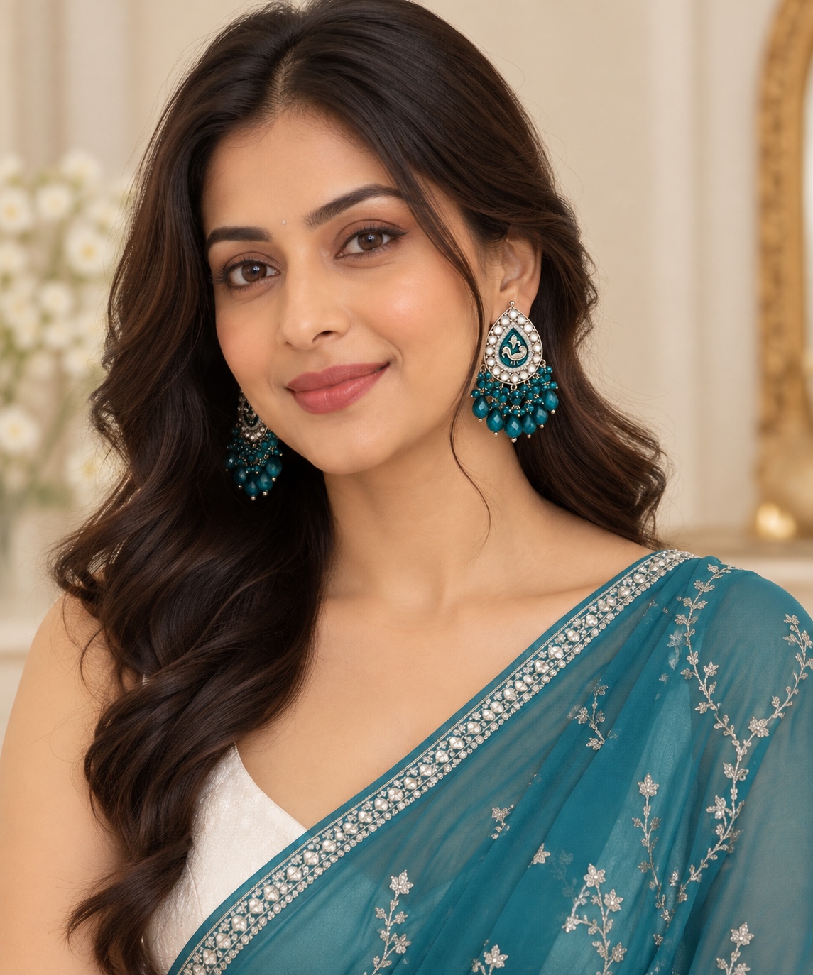Aarvika Teardrop Peacock Design Earring (Teal)