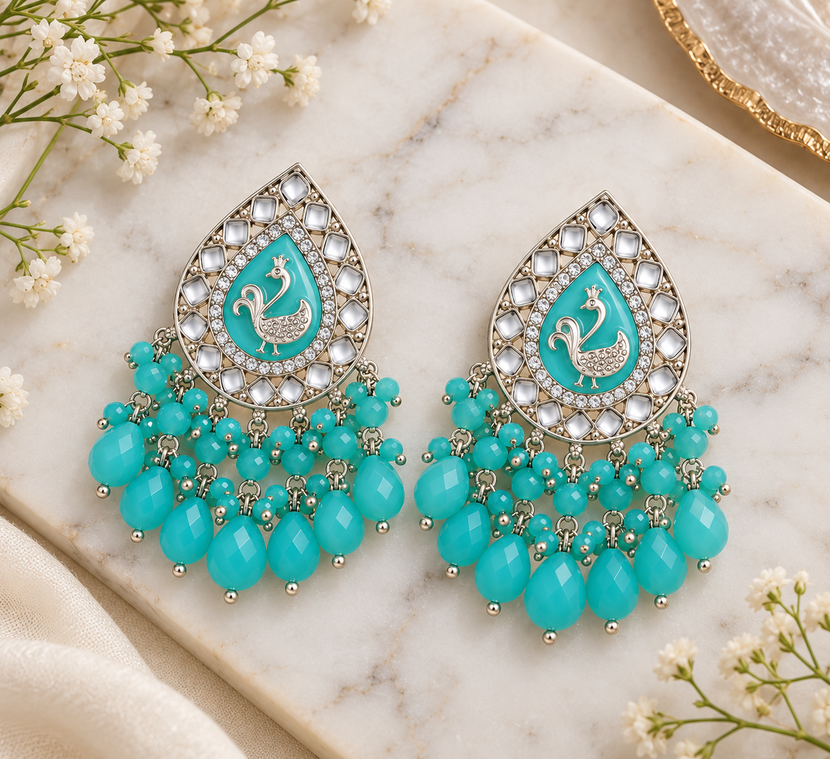 Aarvika Teardrop Peacock Design Earring (Turquoise)