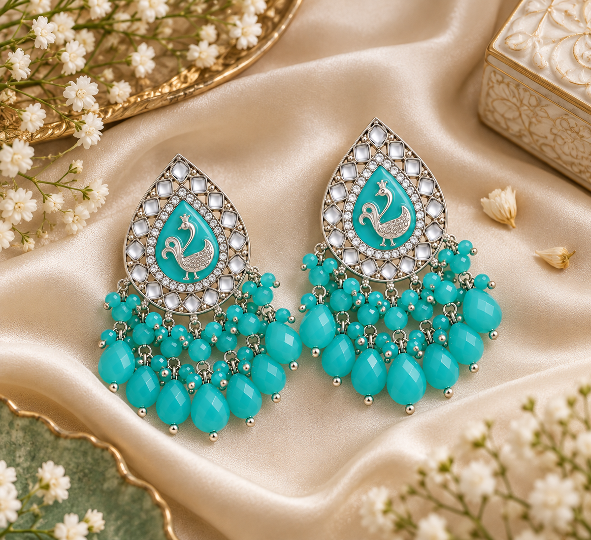 Aarvika Teardrop Peacock Design Earring (Turquoise)
