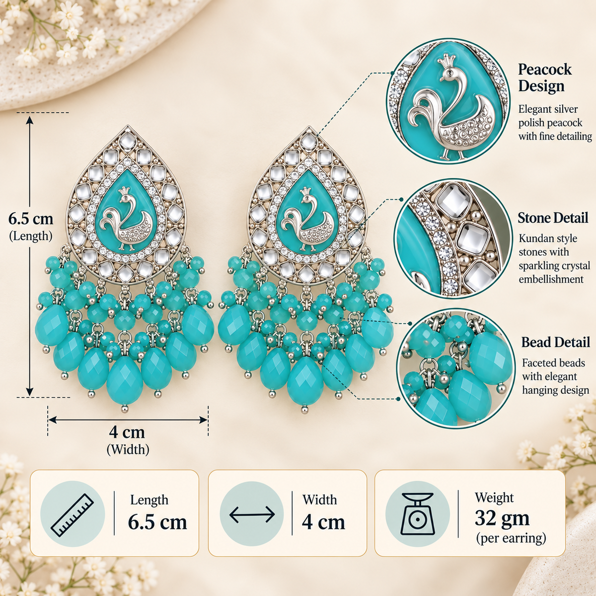 Aarvika Teardrop Peacock Design Earring (Turquoise)